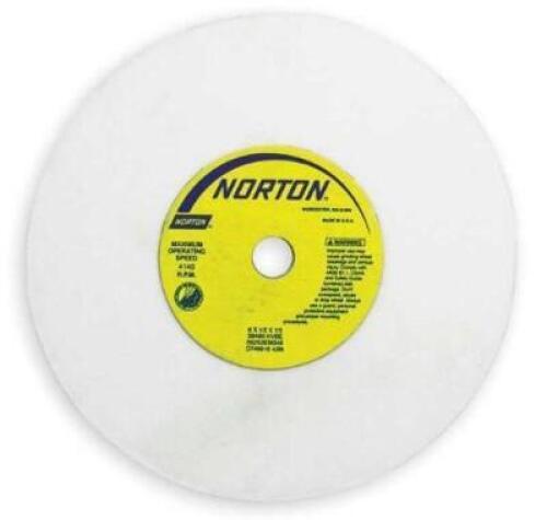 DESCRIPTION: (10) GRINDING WHEELS BRAND/MODEL: NORTON/66252939826 INFORMATION: WHITE/GRIT: 100 RETAIL$: 19.80 EACH SIZE: 7"DIA X 1-1/4"ARBOR HOLE X 1/