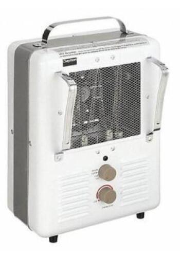 DESCRIPTION: (1) ELECTRIC JOBSITE & GARAGE HEATER BRAND/MODEL: DAYTON/3VU33 INFORMATION: 1-PHASE/WHITE/100 CFM RETAIL$: 97.30 SIZE: 16"H X 10"W X 8"D