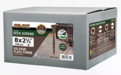 DESCRIPTION: (2) PACKS OF (1200) DECK SCREWS BRAND/MODEL: PAULIN/214-878 INFORMATION: BROWN/STAR-DRIVE RETAIL$: 63.42 PER PK OF 1200 SIZE: 8 X 2-1/2"