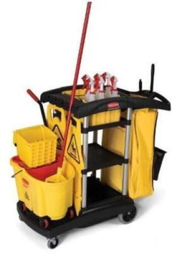 DESCRIPTION: (1) CLEANING CART BRAND/MODEL: RUBBERMAID/9T72 INFORMATION: STORAGE SPACE: 5 CU-FT/BLACK & YELLOW RETAIL$: 380.00 SIZE: 21-3/4"W X 49-3/4