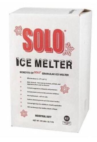 DESCRIPTION: (1) GRANULAR ICE MELT BRAND/MODEL: SOLO/CSOL050BX-GR INFORMATION: LIGHT BLUE/EFFECTIVE TEMP: -5F RETAIL$: 31.22 SIZE: 50 LBS QTY: 1