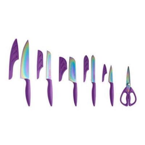 DESCRIPTION: (1) CUTLERY SET BRAND/MODEL: FARBERWARE/5254669 INFORMATION: PURPLE/RAINBOW TITANIUM/11-PIECES RETAIL$: 34.99 SIZE: 16.5"L X 2.13"W X 12"