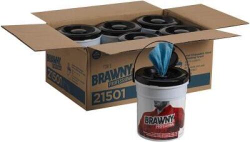 DESCRIPTION: (4) INDUSTRIAL HAND TOWEL BRAND/MODEL: BRAWNY/21501 INFORMATION: BLUE/84-COUNT RETAIL$: 16.04 EACH SIZE: 8-3/5" X 12-1/5" QTY: 4