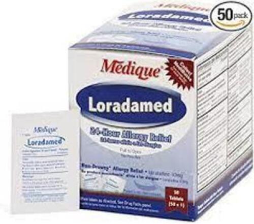 DESCRIPTION: (2) BOXES OF (50) PACKS OF COLD AND ALLERGY RELIEF TABLES BRAND/MODEL: MEDIQUE LORADAMED RETAIL$: $24.85 EA QTY: 2