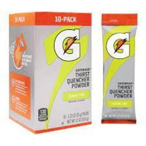 DESCRIPTION: (3) BOXES OF (10) SPORTS DRINK CONCENTRATE STICKS BRAND/MODEL: GATORADE INFORMATION: LEMON LIME RETAIL$: $31.84 EA SIZE: 1.23 OZ STICKS Q