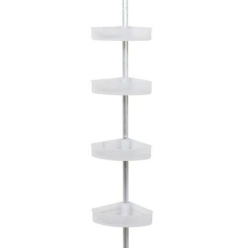 NEVERRUST ALUMINUM TENSION CORNER SHOWER CADDY IN SATIN CHROME AND FROSTED