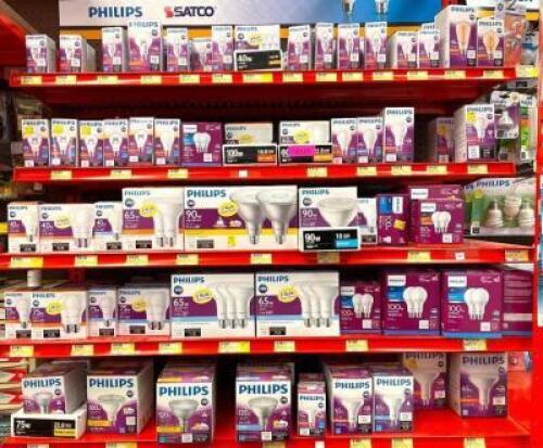 DESCRIPTION: CONTENTS OF SHELF (LARGE ASSORMENT OF PHILLIPS LIGHT BULBS AS SHOWN) LOCATION: SHOP QTY: 1