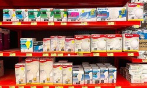 DESCRIPTION: CONTENTS OF SHELF (LARGE ASSORMENT OF PHILLIPS LIGHT BULBS AS SHOWN) LOCATION: SHOP QTY: 1