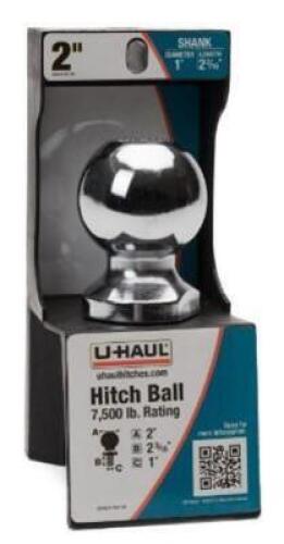 DESCRIPTION: (2) HITCH BALL BRAND/MODEL: U-HAUL/4944 INFORMATION: WEIGHT CAPACITY: 7,500 LBS RETAIL$: 10.95 EACH SIZE: 2"DIA X 1"SHANK DIA QTY: 2