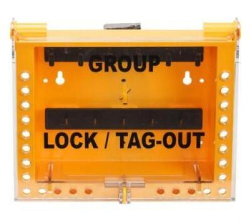 DESCRIPTION: (1) GROUP LOCK BOX BRAND/MODEL: BRADY/GLB26 INFORMATION: YELLOW & CLEAR/UP TO 26 SLOTS RETAIL$: 125.99 SIZE: 11"H X 13"W X 4"D QTY: 1
