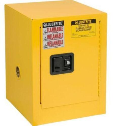 DESCRIPTION: (1) LIQUID FLAMMABLE CABINET BRAND/MODEL: JUSTRITE/890400 INFORMATION: YELLOW/CAPACITY: 4 GAL RETAIL$: 941.81 SIZE: 17"D X 17"W X 22"H QT