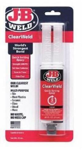 DESCRIPTION: (6) EPOXY ADHESIVE BRAND/MODEL: J-B WELD/50112 INFORMATION: SYRINGE/CLEAR/WORK LIFE: 5 MIN RETAIL$: 40.26 PER LOT SIZE: 0.85 OZ QTY: 6