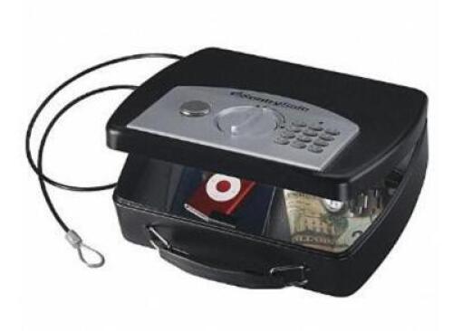 DESCRIPTION: (1) COMPACT SECURITY SAFE BRAND/MODEL: SENTRY SAFE/P008E INFORMATION: BLACK & SILVER/CAPACITY: 0.08 CU-FT RETAIL$: 46.07 SIZE: 10"W X 8"D