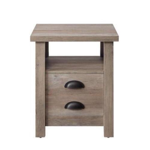 DESCRIPTION: (1) FARMHOUSE END TABLE BRAND/MODEL: BETTER HOMES & GARDEN/BH17-084-099-98 INFORMATION: RUSTIC GRAY/2-DRAWERS RETAIL$: 99.00 SIZE: 18.13"