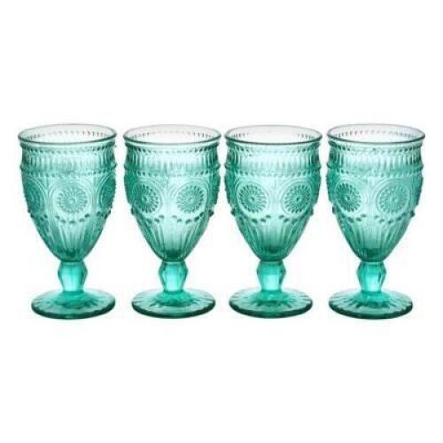 DESCRIPTION: (4) ADELINE GOBLETS BRAND/MODEL: THE PIONEER WOMAN/82796.04R INFORMATION: TEAL/FOOTED GLASS RETAIL$: 24.99 PER LOT SIZE: 12 OZ [10.24"L X