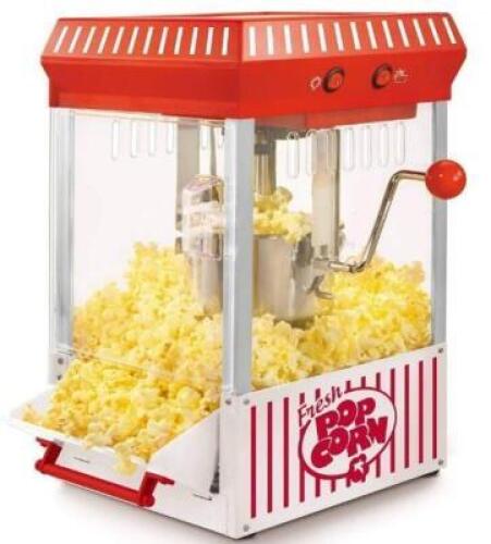 DESCRIPTION: (1) KETTLE POPCORN MAKER BRAND/MODEL: NOSTALGIA/KPM200 INFORMATION: RED & WHITE/2.5 OZ KETTLE RETAIL$: 89.99 SIZE: 13.25"L X 11.25"W X 17