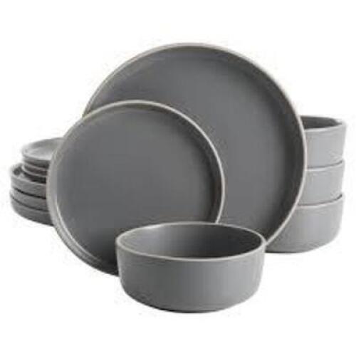 DESCRIPTION: (1) 12 PIECE DINNERWARE SET BRAND/MODEL: GIBSON HOME INFORMATION: GREY RETAIL$: 30 QTY: 1