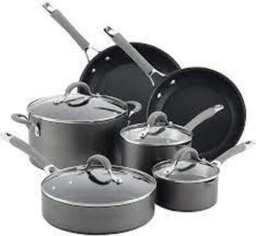 DESCRIPTION: (1) NONSTICK HARD ANODIZED 10 PIECE COOKWARE SET BRAND/MODEL: CIRCULON RADIANCE INFORMATION: GREY RETAIL$: $200.00 EA QTY: 1
