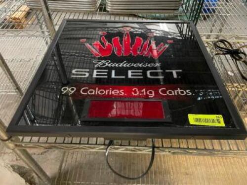 DESCRIPTION: BUDWEISER SELECT BAR LIGHT / SIGN ADDITIONAL INFORMATION W/ POWER CORD. LOCATION: BAY 6 QTY: 1