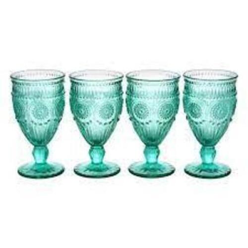 DESCRIPTION: (4) ADELINE GOBLETS BRAND/MODEL: THE PIONEER WOMAN/82796.04R INFORMATION: TEAL/FOOTED GLASS RETAIL$: 24.99 PER LOT SIZE: 12 OZ [10.24"X 5