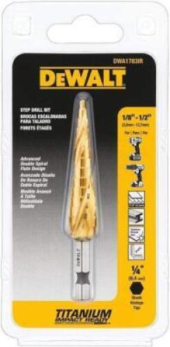 DESCRIPTION: (5) STEP DRILL BIT IMPACT READY BRAND/MODEL: DEWALT RETAIL$: $27.99 EA SIZE: 1/8-1/2 QTY: 5