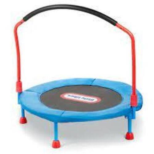 DESCRIPTION: (1) EASY STORE TRAMPOLINE WITH HANDRAIL BRAND/MODEL: LITTLE TIKES INFORMATION: RED AND BLUE RETAIL$: $150.00 EA SIZE: 3 FT QTY: 1