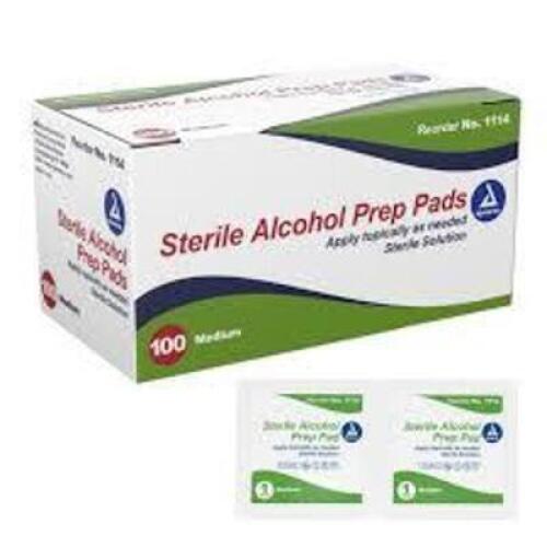DESCRIPTION: (2) STERILE ALCOHOL PADS BRAND/MODEL: DYNAREX RETAIL$: $38.68 SIZE: 100 PADS PER BOX QTY: 2