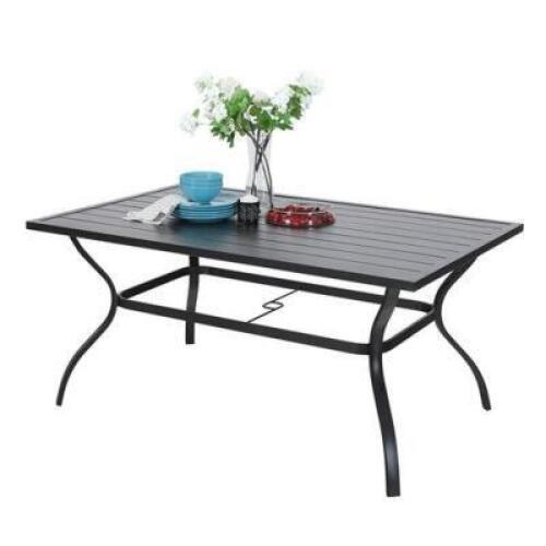 DESCRIPTION: (1) OUTDOOR METAL DINING TABLE BRAND/MODEL: PHI VILLA/E02GF060-4 INFORMATION: WEATHER-RESISTANT/BLACK RETAIL$: 429.99 SIZE: 60"L X 37.8"W