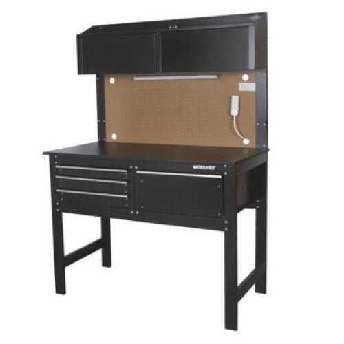 DESCRIPTION: (1) WORKBENCH & CABINET COMBO BRAND/MODEL: WORKPRO/6713 INFORMATION: BLACK/RUST-RESISTANT FRAME/2-CABINETS RETAIL$: 199.00 SIZE: 47.4"L X