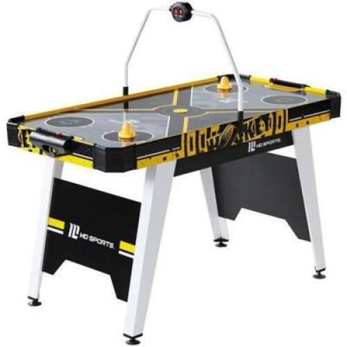 DESCRIPTION: (1) AIR HOCKET GAME TABLE BRAND/MODEL: MD SPORTS/AH054Y19005 INFORMATION: BLACK & YELLOW/OVERHEAD ELECTRONIC SCORER RETAIL$: 79.00 SIZE: