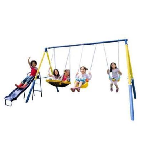 DESCRIPTION: (1) SUPER FLYER SWING SET BRAND/MODEL: SPORTSPOWER/MS-1011 INFORMATION: SUPPORTS: 500 LBS/BLUE & YELLOW RETAIL$: 200.00 SIZE: 145"L X 72"