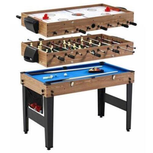 DESCRIPTION: (1) COMBO GAME TABLE BRAND/MODEL: MD SPORTS/CB048Y21040 INFORMATION: 3-IN-1/POOL, AIR HOCKET & FOOSBALL RETAIL$: 149.00 SIZE: 48.5"L X 22