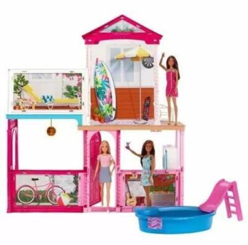 DESCRIPTION: (1) DOLLHOUSE & FURNITURE DOLL PLAYSET BRAND/MODEL: BARBIE/GLH56 INFORMATION: 2-STORY DOLLHOUSE/BRIGHTLY POOL RETAIL$: 139.00 SIZE: 15.2"