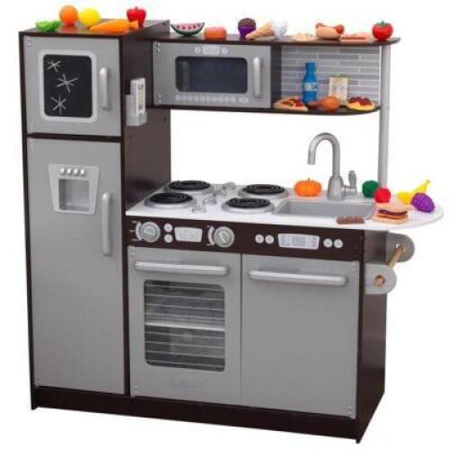 DESCRIPTION: (1) UPTOWN PLAY KITCHEN BRAND/MODEL: KIDKRAFT/53388 INFORMATION: ESPRESSO & SILVER/30-PIECES RETAIL$: 199.99 SIZE: 43"L X 17.75"W X 41"H
