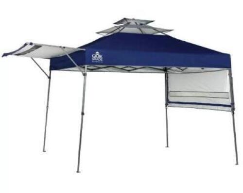 DESCRIPTION: (1) INSTANT CANOPY BRAND/MODEL: QUIK SHADE/SX170 INFORMATION: WITH DUAL HALF AWNINGS/BLUE & GRAPHITE RETAIL$: 235.25 SIZE: 10' X 10' QTY: