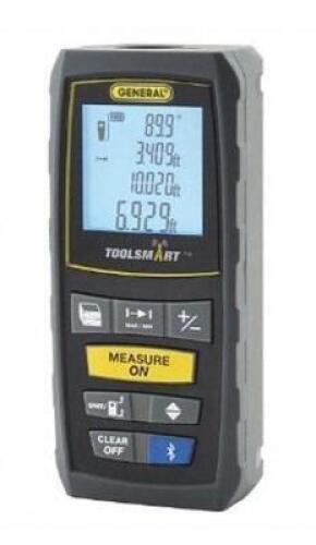 DESCRIPTION: (1) LASER DISTANCE METER BRAND/MODEL: GENERAL/TS01 INFORMATION: BLACK/MAX MEASURING DISTANCE: 100' RETAIL$: 106.99 QTY: 1
