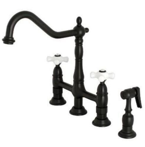 DESCRIPTION: (1) HERITAGE BRIDGE KITCHEN FAUCET BRAND/MODEL: KINGSTON/KS1270PXBS INFORMATION: MATTE BLACK/FLOW RATE: AT 60PSI RETAIL$: 469.95 SIZE: 10