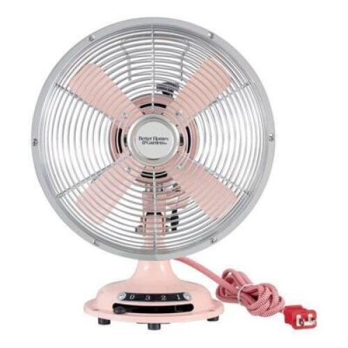 DESCRIPTION: (1) OSCILLATION TABLE FAN BRAND/MODEL: BETTER HOME & GARDEN/BHS136163273014 INFORMATION: PEARL BLUSH/3-SPEED RETAIL$: 28.43 SIZE: 12.2" X