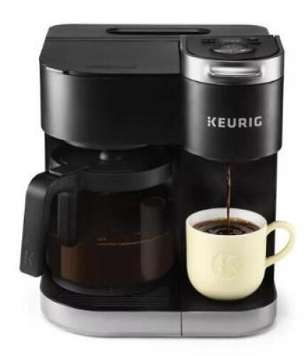 DESCRIPTION: (1) K-DUO CARAFE COFFE MAKER BRAND/MODEL: KEURIG/072-08-1738 INFORMATION: BLACK/BREW: 8,10 & 12 OZ. RETAIL$: 139.99 SIZE: 12.9"H X 10.9"W