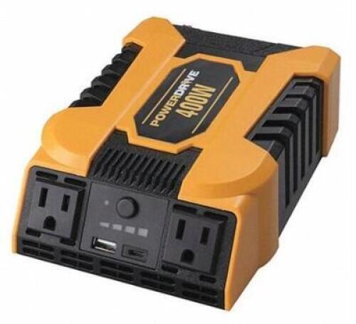 DESCRIPTION: (1) POWER INVERTER BRAND/MODEL: POWER DRIVE/PDI400 INFORMATION: YELLOW & BLACK/3-OUTLETS/400W RETAIL$: 42.61 SIZE: 11.8"H X 7.6"W X 2.3"D