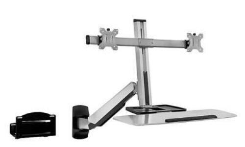 DESCRIPTION: (1) WORKSTATION WITH ARTICULATING KEYBOARD BRAND/MODEL: MOUNT-IT!/MI-7906 INFORMATION: SIT-STAND/DUAL-MONITOR/SILVER RETAIL$: 159.99 SIZE