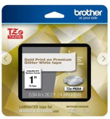 DESCRIPTION: (6) P-TOUCH LAMINATED TAPE BRAND/MODEL: BROTHER #TZE-PR254 INFORMATION: GOLD PRINT ON PREMIUM GLITTER WHITE RETAIL$: $40.00 EA SIZE: 1" Q