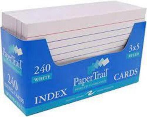 DESCRIPTION: (1) CASE OF APROX (20) PACKS OF (250) RULLED INDEX CARDS BRAND/MODEL: ROARING SPRING RETAIL$: $11.24 PER 250 SIZE: 3X5 QTY: 1