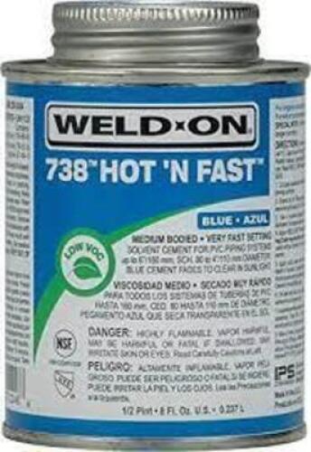 DESCRIPTION: (2) BLUE CEMENT PVC SOLVENT BRAND/MODEL: WELD ON 738 HOT N FAST RETAIL$: $12.85 EA SIZE: 32 OZ QTY: 2