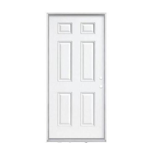 36 IN. X 80 IN. 6-PANEL LEFT HAND INSWING PRIMED WHITE STEEL PREHUNG FRONT EXTERIOR DOOR WITH VINYL FRAME
