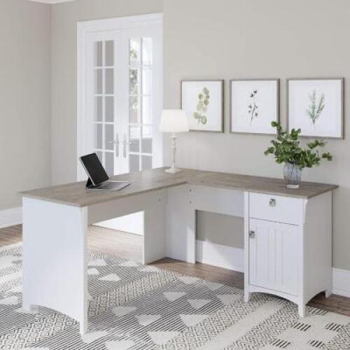 BUSH FURNITURE SALINAS L SHAPED DESK WITH STORAGE, 60W, PURE WHITE AND SHIPLAP GRAY