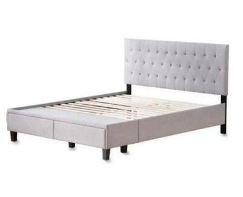 ANNA UPHOLSTERED STONE QUEEN BED WITH DRAWERS
