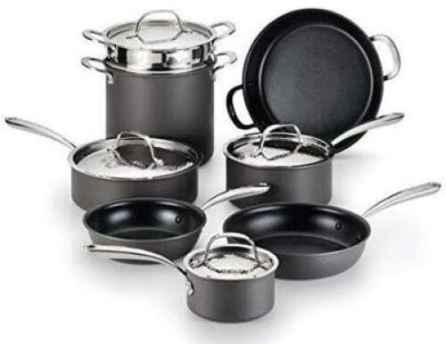 NERA HARD ANODIZED NONSTICK 12-PIECE COOKWARE SET WITH HAMMERED STAINLESS STEEL LIDS, DISHWASHER SAFE,GREY