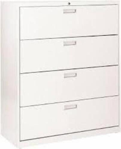 DESCRIPTION: (1) STEEL LATERAL FILE CABINET WITH LOCK BRAND/MODEL: SANDUSKY ATLANTIC #5477307 INFORMATION: WHITE RETAIL$: 1074.24 SIZE: 53X19 QTY: 1