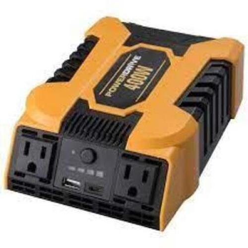 DESCRIPTION: (1) POWER INVERTER BRAND/MODEL: POWER DRIVE/PDI400 INFORMATION: YELLOW & BLACK/3-OUTLETS/400W RETAIL$: 42.61 SIZE: 11.8"X 7.6"W X 2.3"D Q